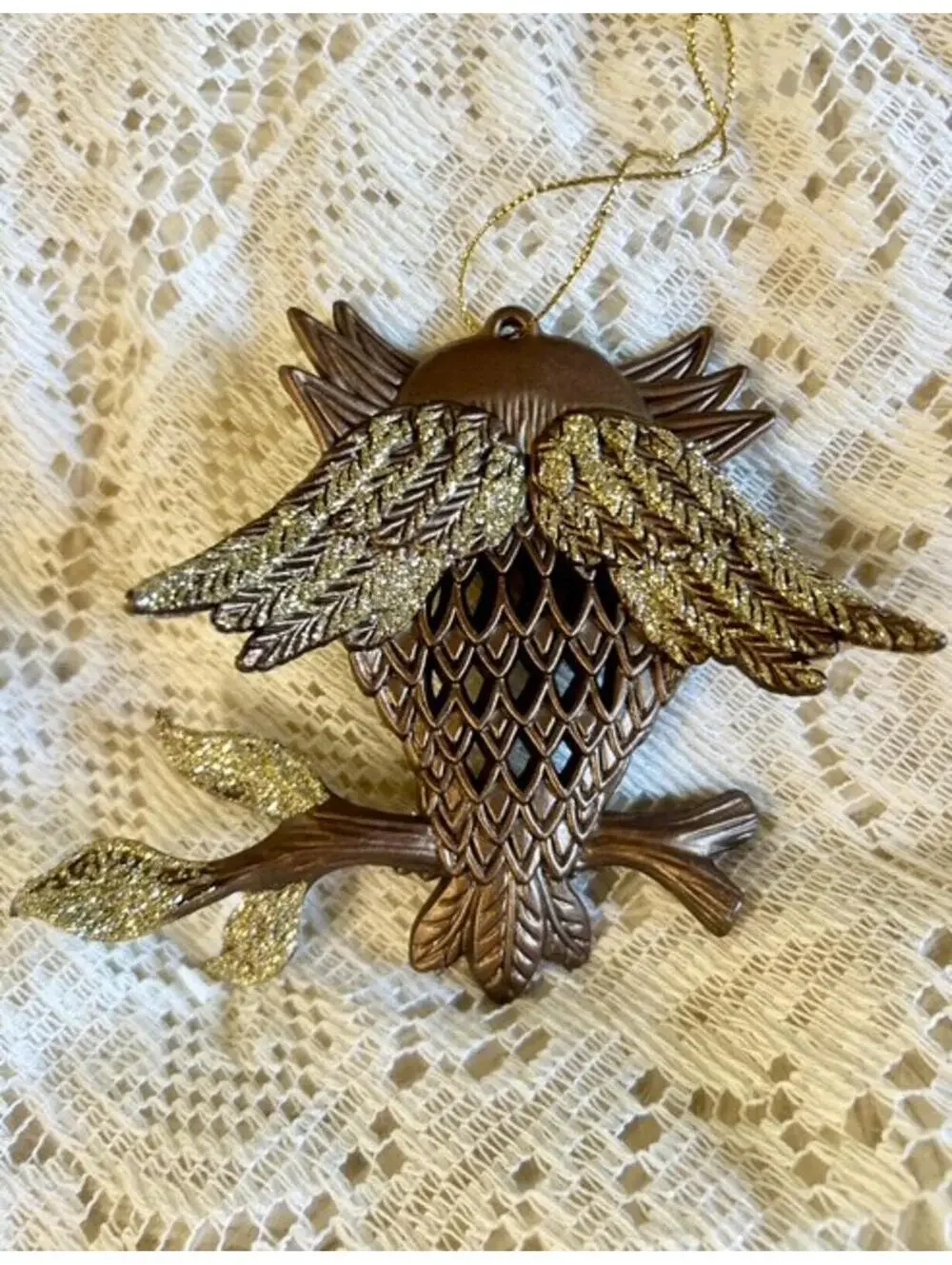 Vintage Owl Ornament with Gold Glitter Accents